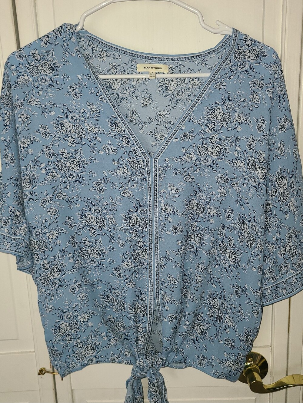 Max Studio Sky Blue Floral Tie-Front V-Neck Blouse